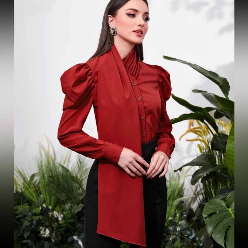 Modely Gigot Sleeve Draped Front Blouse